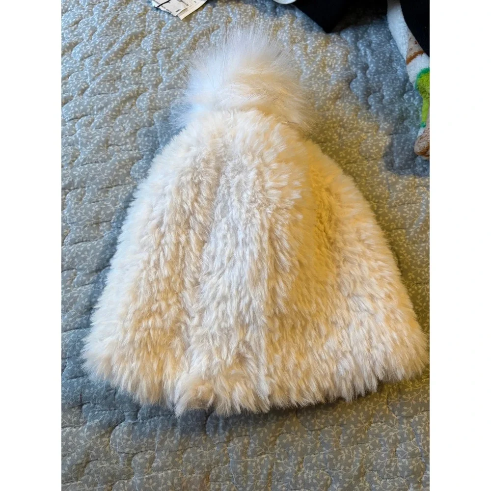Apana Faux Fur Beanie Women OS Cream Excellent Pompom Shaggy Winter Hat
